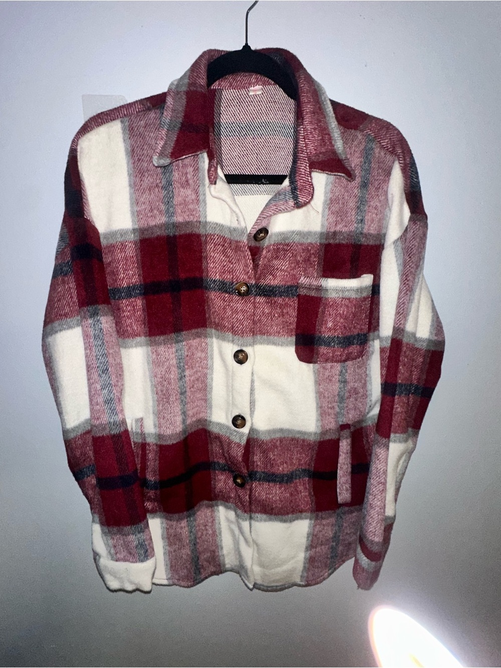 Beaully Plaid Button-Up Shacket in Cream and Burgundy